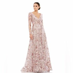 Mac Duggal Embellished V Neck Illusion Long Sleeve A Line Gown Size 10
